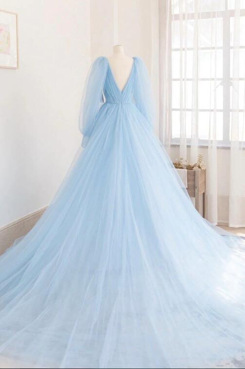 Blue V-Neck Tulle Long Prom Dress, Long Sleeve A-Line Evening Party Dress