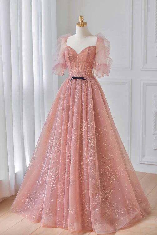 Pink Tulle Floor Length Prom Dress, Lovely Short Sleeve Graduation Party Dress