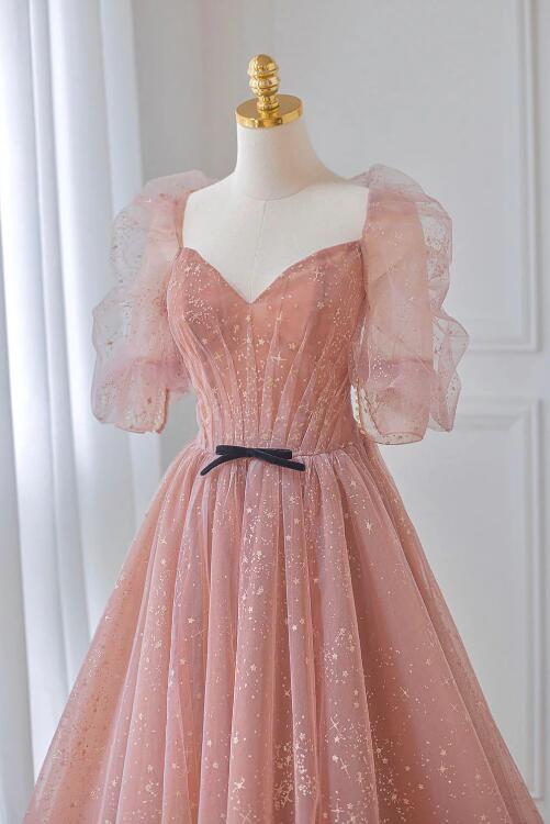 Pink Tulle Floor Length Prom Dress, Lovely Short Sleeve Graduation Party Dress