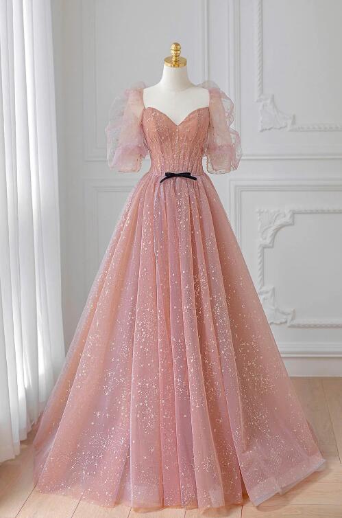 Pink Tulle Floor Length Prom Dress, Lovely Short Sleeve Graduation Party Dress