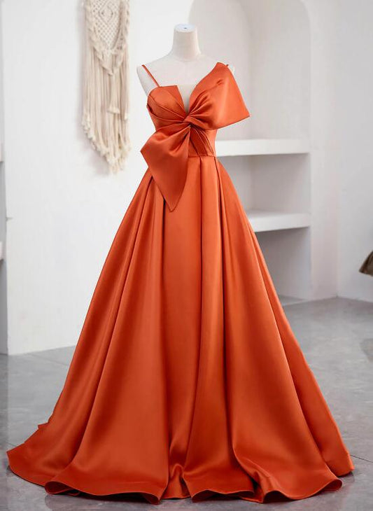 Spaghetti Straps Orange Satin Prom Formal Dress, A-Line Floor Length Evening Dress