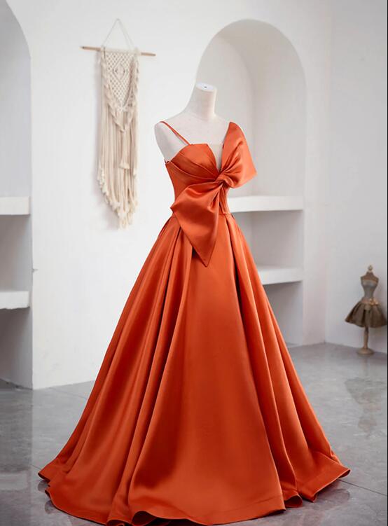 Spaghetti Straps Orange Satin Prom Formal Dress, A-Line Floor Length Evening Dress