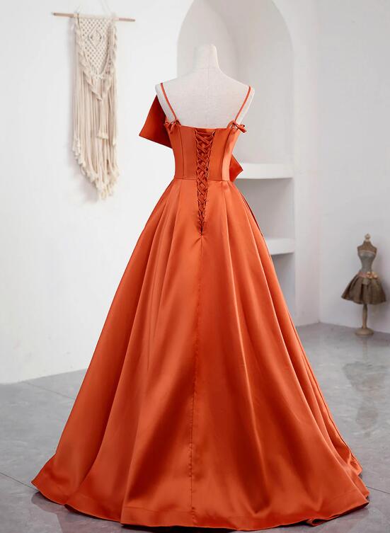 Spaghetti Straps Orange Satin Prom Formal Dress, A-Line Floor Length Evening Dress