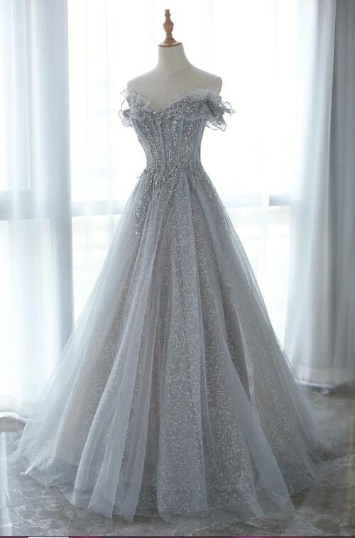 Gray Tulle Sequins Long Prom Dress, Off the Shoulder Evening Dress