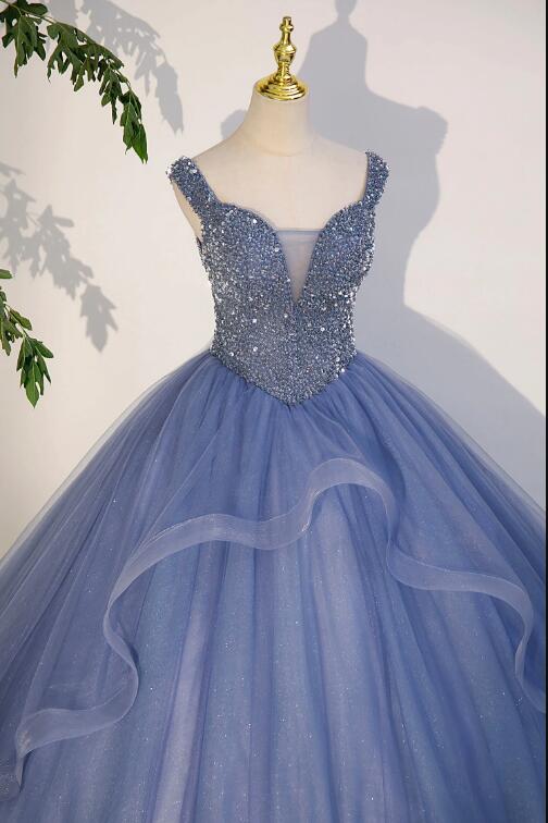 Blue Beaded Tulle Long A-Line Prom Dress, Blue Formal Evening Dress