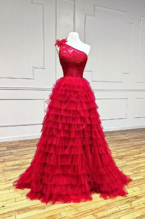 Red Tulle Lace Long Prom Dresses, One Shoulder Evening Dresses