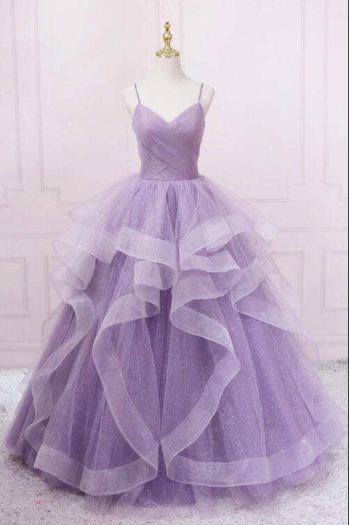 Purple Tulle Long Prom Dress, A-Line Spaghetti Strap Evening Gown