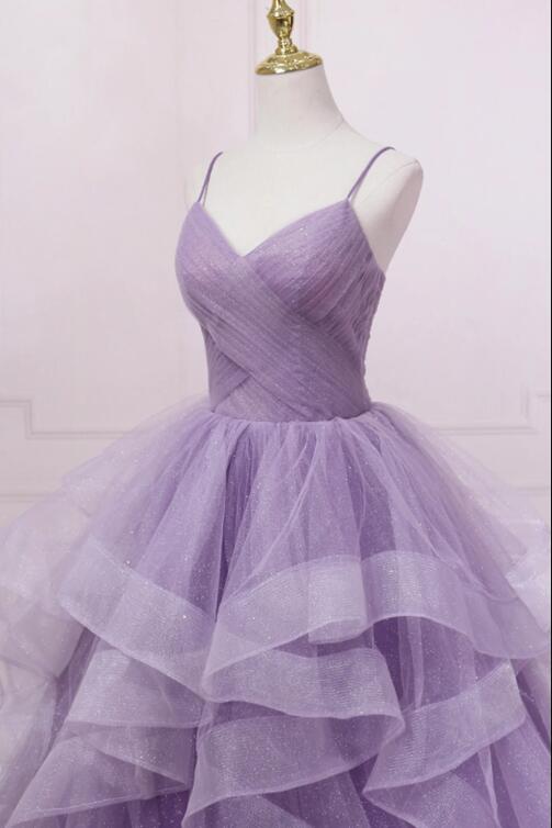 Purple Tulle Long Prom Dress, A-Line Spaghetti Strap Evening Gown