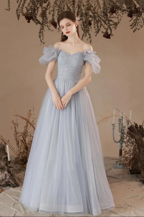 Gray Tulle Long A-Line Prom Dresses, Gray Formal Evening Dresses