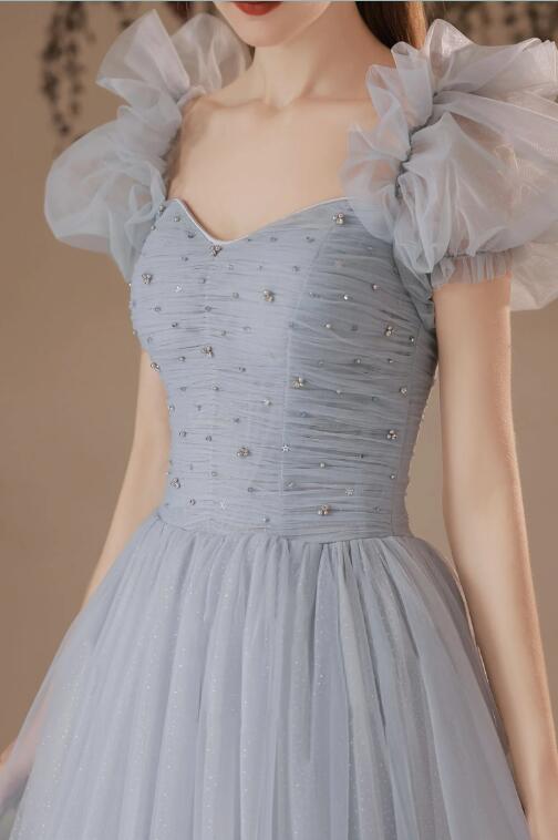 Gray Tulle Long A-Line Prom Dresses, Gray Formal Evening Dresses