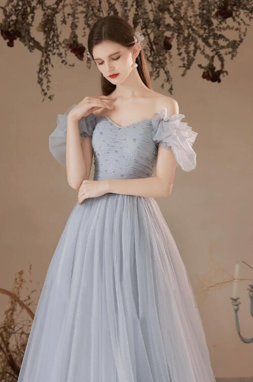 Gray Tulle Long A-Line Prom Dresses, Gray Formal Evening Dresses