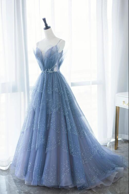 Blue Tulle Long A-Line Prom Dresses, Blue Evening Dresses with Beaded