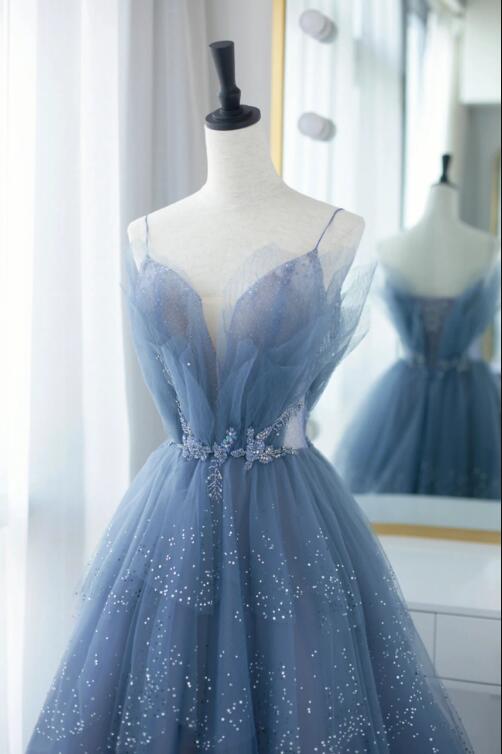 Blue Tulle Long A-Line Prom Dresses, Blue Evening Dresses with Beaded