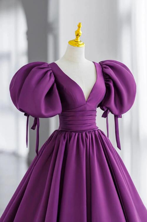 Purple Puff Sleeves Satin Long Prom Dress, V-Neck Evening Dress