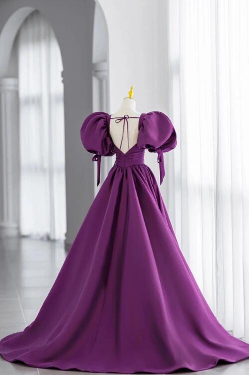 Purple Puff Sleeves Satin Long Prom Dress, V-Neck Evening Dress