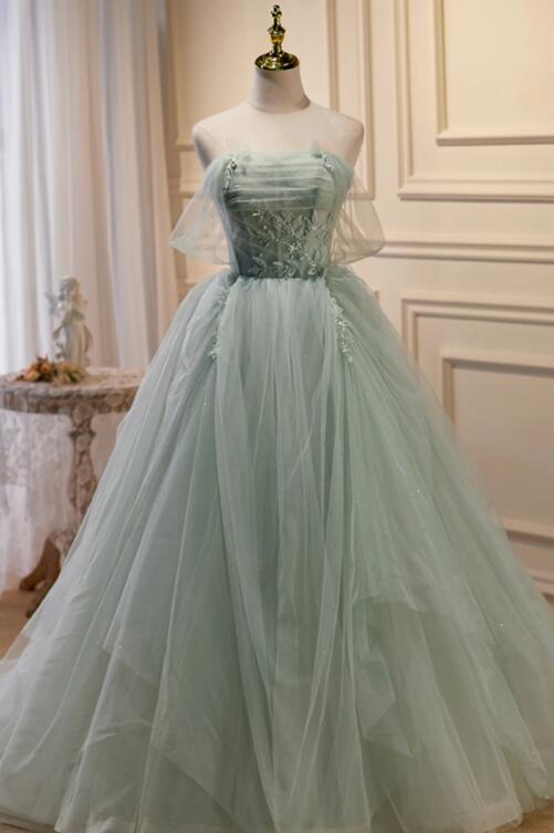 Green Tulle Beaded Ball Gown Off Shoulder Party Dress, Green Sweet 16 Dress