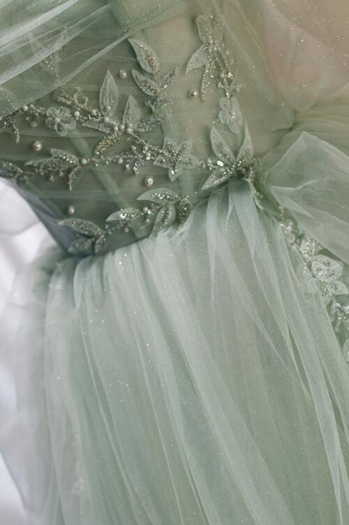 Green Tulle Beaded Ball Gown Off Shoulder Party Dress, Green Sweet 16 Dress