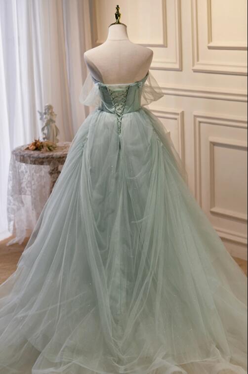 Green Tulle Beaded Ball Gown Off Shoulder Party Dress, Green Sweet 16 Dress