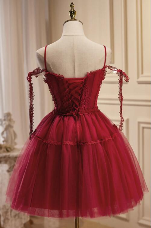 Burgundy Lace Short A-line Prom Dress, Cute Spaghetti Strap Party Dress