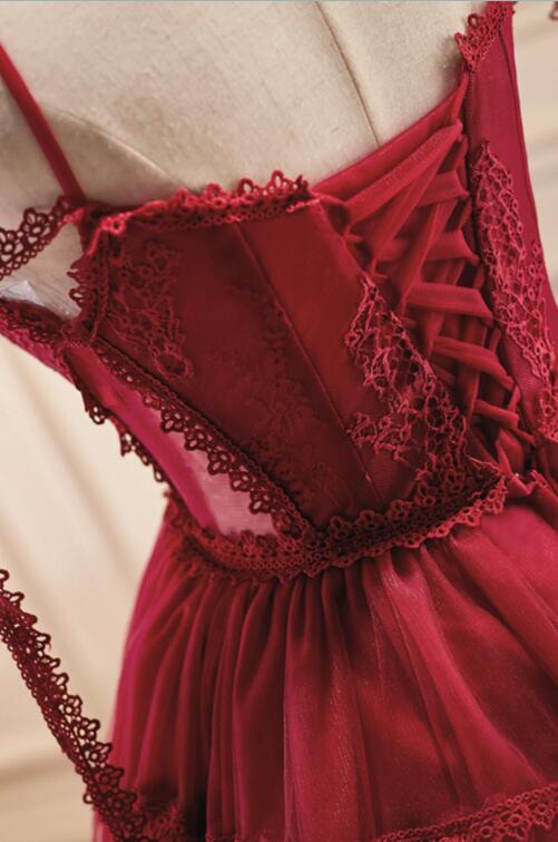 Burgundy Lace Short A-line Prom Dress, Cute Spaghetti Strap Party Dress