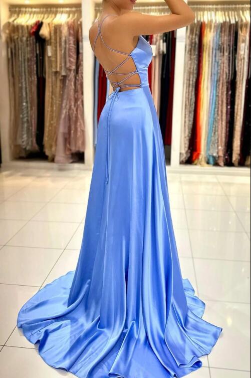 Simple V-Neck Satin Long Prom Dress, A-Line Evening Dress with Slit