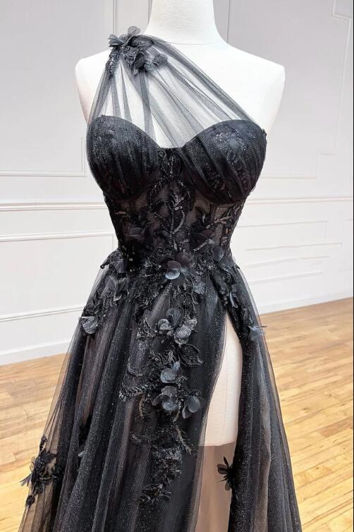 Black Tulle Lace Long Prom Dress, One Shoulder Evening Dress with Slit