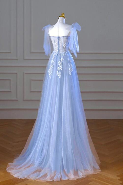 Blue Spaghetti Strap Tulle Lace Long Prom Dress, A-Line Evening Party Dress