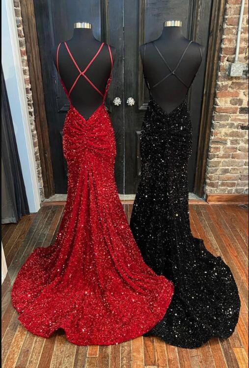 Mermaid Sequins Long Prom Dress, Spaghetti Strap Backless Evening Party Dress