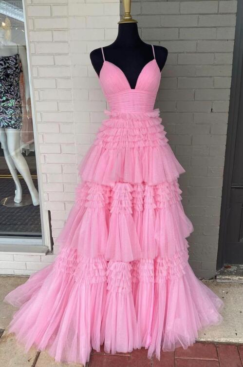 Pink V-Neck Layers Tulle Long Ball Gown, A-Line Spaghetti Strap Evening Dress