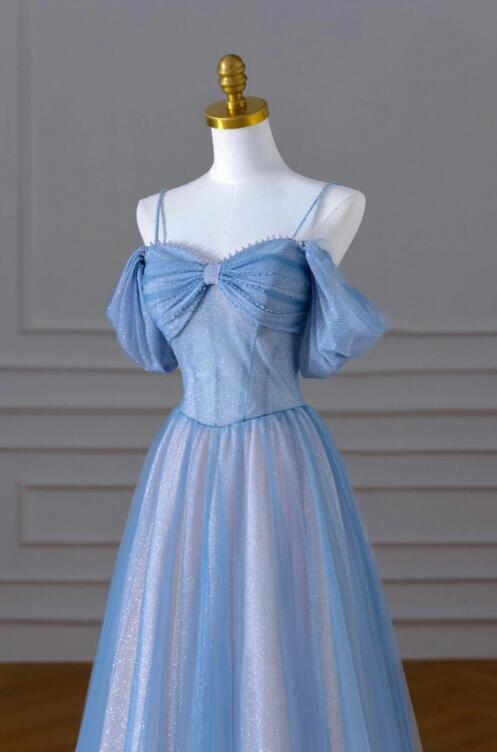 Blue Spaghetti Strap Tulle Floor Length Prom Dress, A-Line Evening Dress