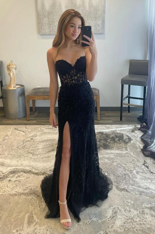 Black Lace Long Prom Dress with Slit, Black Strapless Evening Party Dress