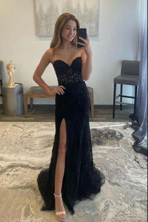 Black Lace Long Prom Dress with Slit, Black Strapless Evening Party Dress