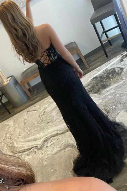 Black Lace Long Prom Dress with Slit, Black Strapless Evening Party Dress