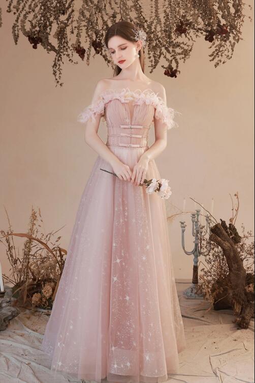 Pink Tulle Long A-line Prom Dress, Off the Shoulder Evening Dress