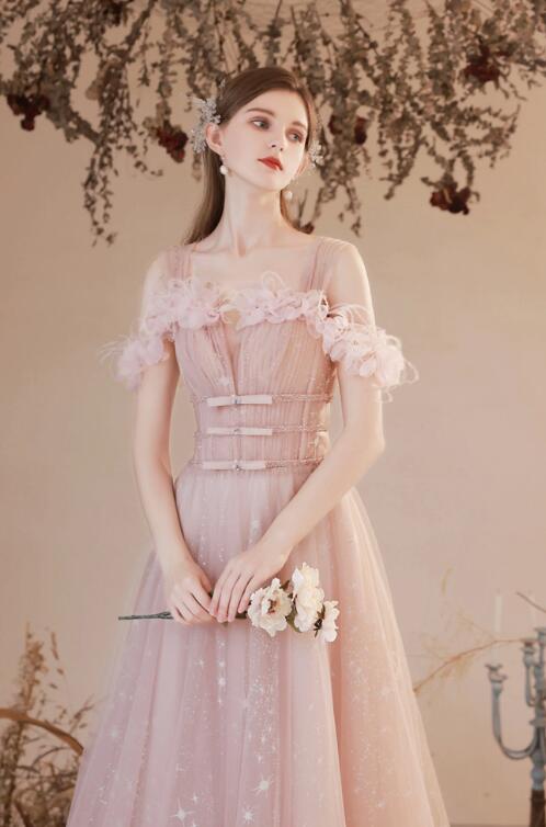 Pink Tulle Long A-line Prom Dress, Off the Shoulder Evening Dress