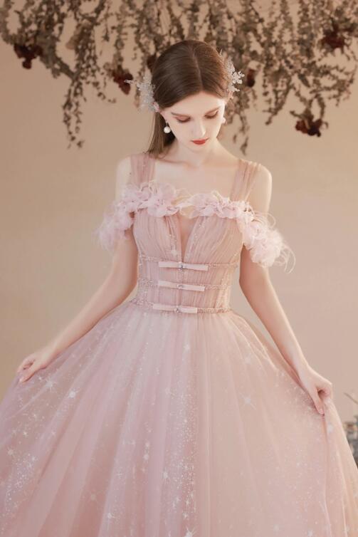 Pink Tulle Long A-line Prom Dress, Off the Shoulder Evening Dress