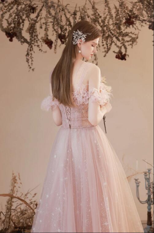 Pink Tulle Long A-line Prom Dress, Off the Shoulder Evening Dress