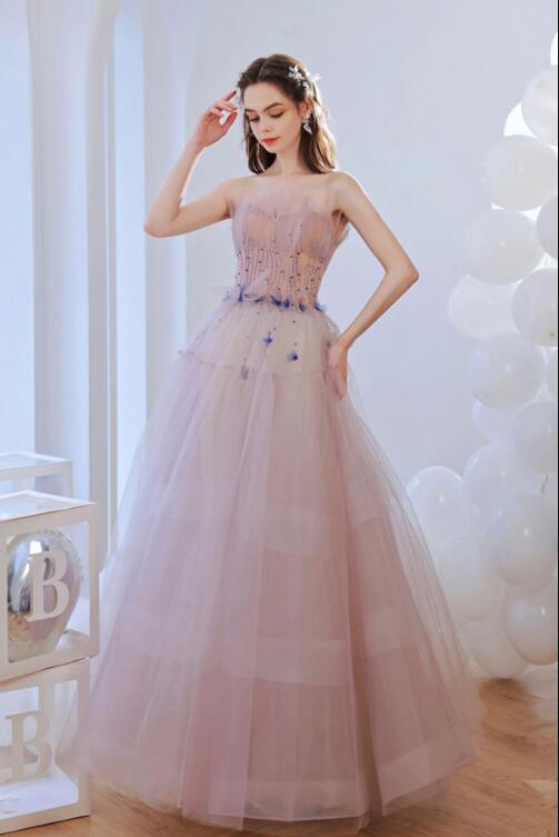 Pink Strapless Tulle Beaded Long Prom Dress, A-Line Evening Dress