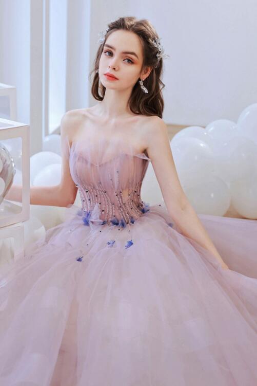 Pink Strapless Tulle Beaded Long Prom Dress, A-Line Evening Dress