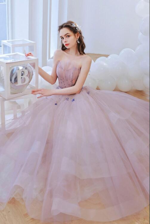 Pink Strapless Tulle Beaded Long Prom Dress, A-Line Evening Dress