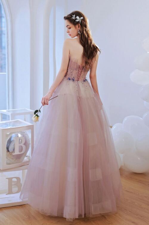 Pink Strapless Tulle Beaded Long Prom Dress, A-Line Evening Dress