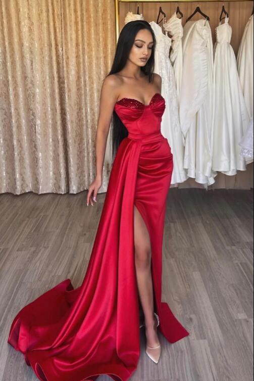 Red Satin Long Prom Dress, Red Strapless Evening Dress with Slit