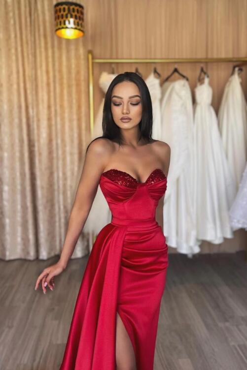 Red Satin Long Prom Dress, Red Strapless Evening Dress with Slit