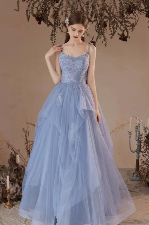 Blue V-Neck Tulle Lace Long Prom Dress, Lovely Spaghetti Straps Evening Dress