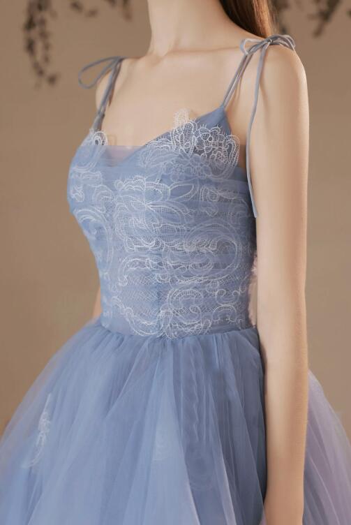 Blue V-Neck Tulle Lace Long Prom Dress, Lovely Spaghetti Straps Evening Dress