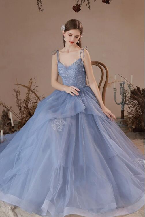 Blue V-Neck Tulle Lace Long Prom Dress, Lovely Spaghetti Straps Evening Dress