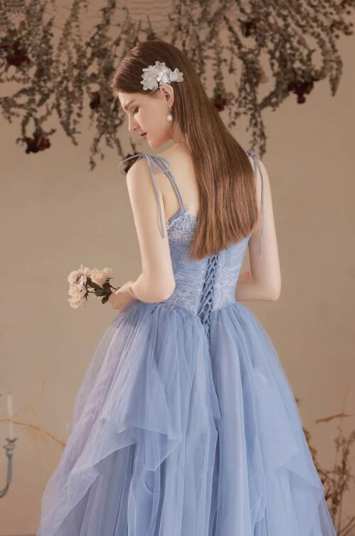 Blue V-Neck Tulle Lace Long Prom Dress, Lovely Spaghetti Straps Evening Dress