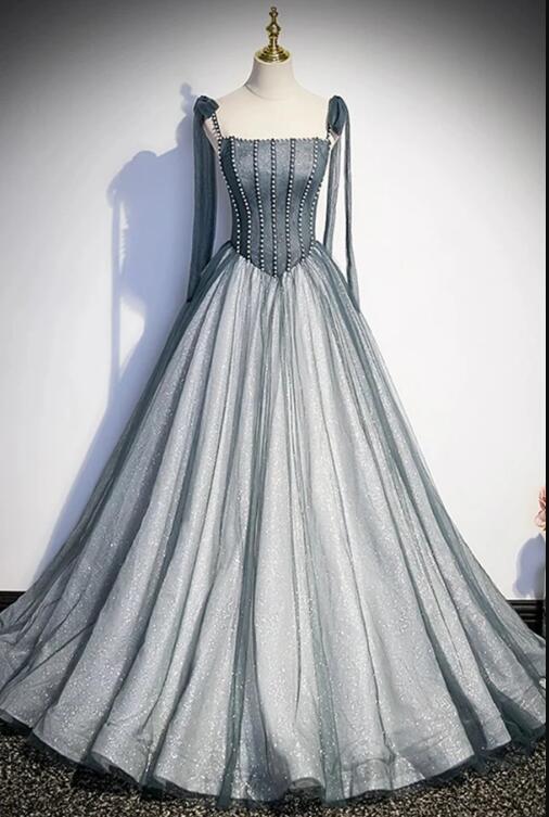 Gray Spaghetti Straps Long A-Line Prom Dress, Gray Evening Dress with Beaded