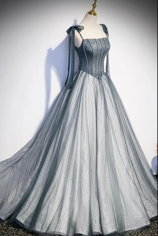 Gray Spaghetti Straps Long A-Line Prom Dress, Gray Evening Dress with Beaded