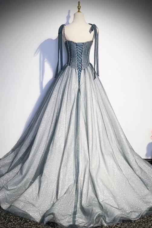 Gray Spaghetti Straps Long A-Line Prom Dress, Gray Evening Dress with Beaded